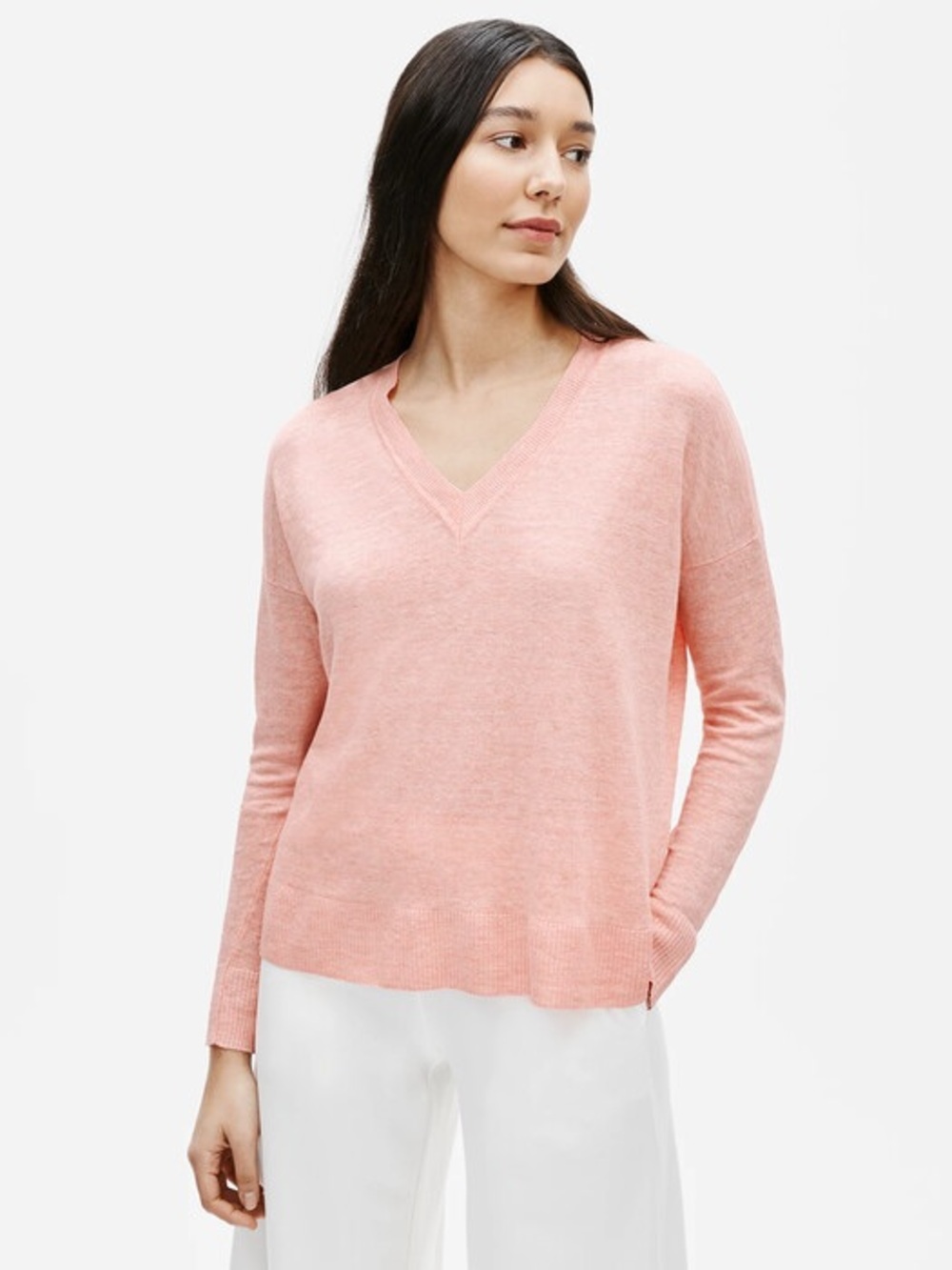 Eileen Fisher Melange Box Top Pink V-Neck 100% Organic Linen Sweater, Size XS